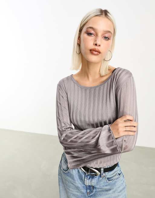 Weekday - Enora - Geribbelde gebreide doorschijnende sweater in grijs 