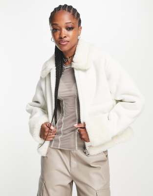 Weekday Enzo faux suede aviator jacket with borg lining in off white