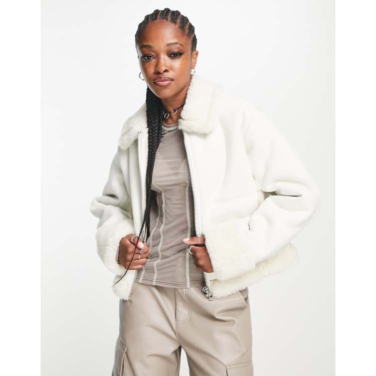 Weekday Enzo faux suede aviator jacket with borg lining in off white