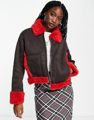 Weekday Enzo suedette bonded shearling jacket in brown with red contrasts