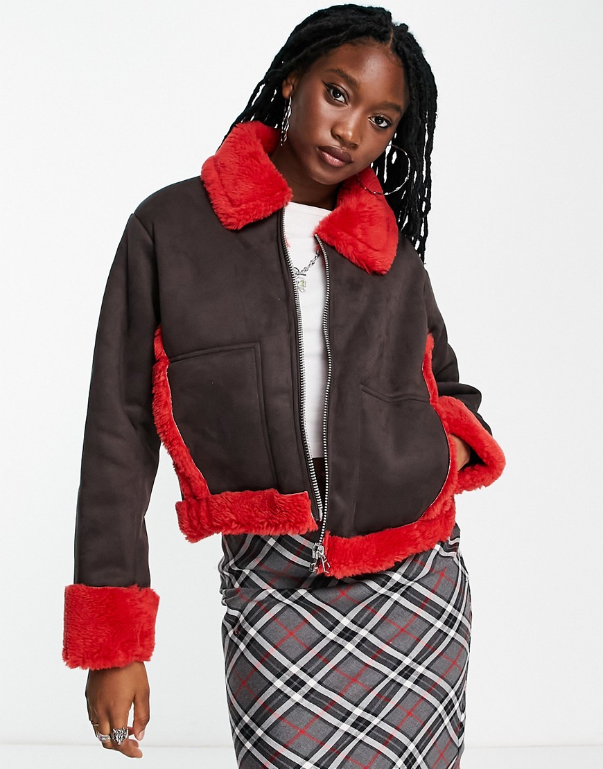 Weekday Enzo suedette bonded shearling jacket in brown with red contrasts