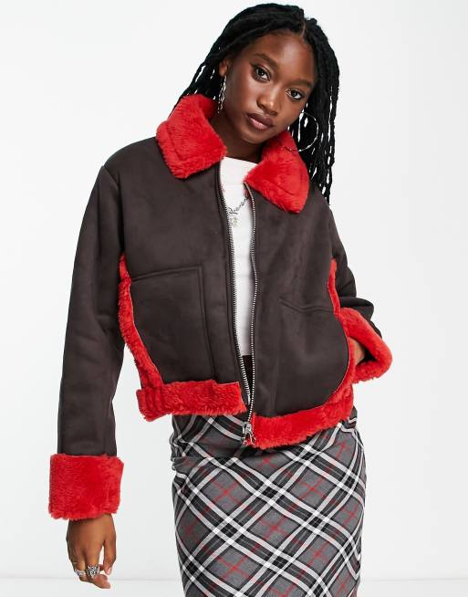 Weekday Enzo suedette bonded shearling jacket in brown with red