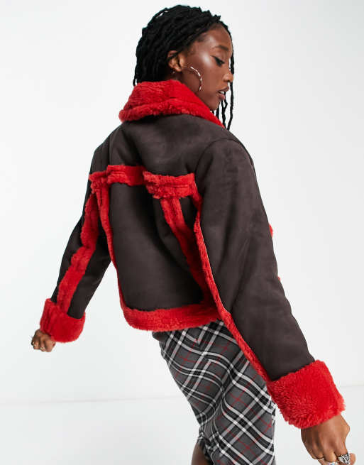 Weekday Enzo suedette bonded shearling jacket in brown with red