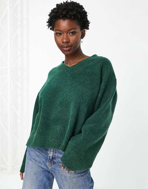 Weekday - Ergo - Maglione con scollo a V in ciniglia verde scuro - DGREEN