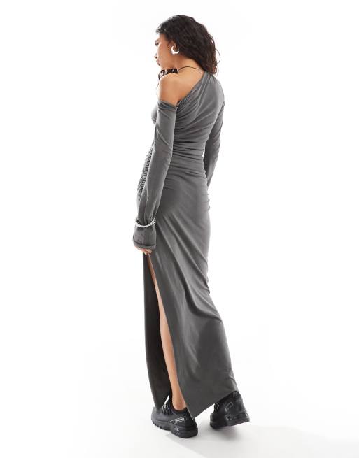 Weekday – Erin – Drapiertes Maxikleid in verwaschenem Schwarz mit langen Trompetenärmeln, 4 von 4