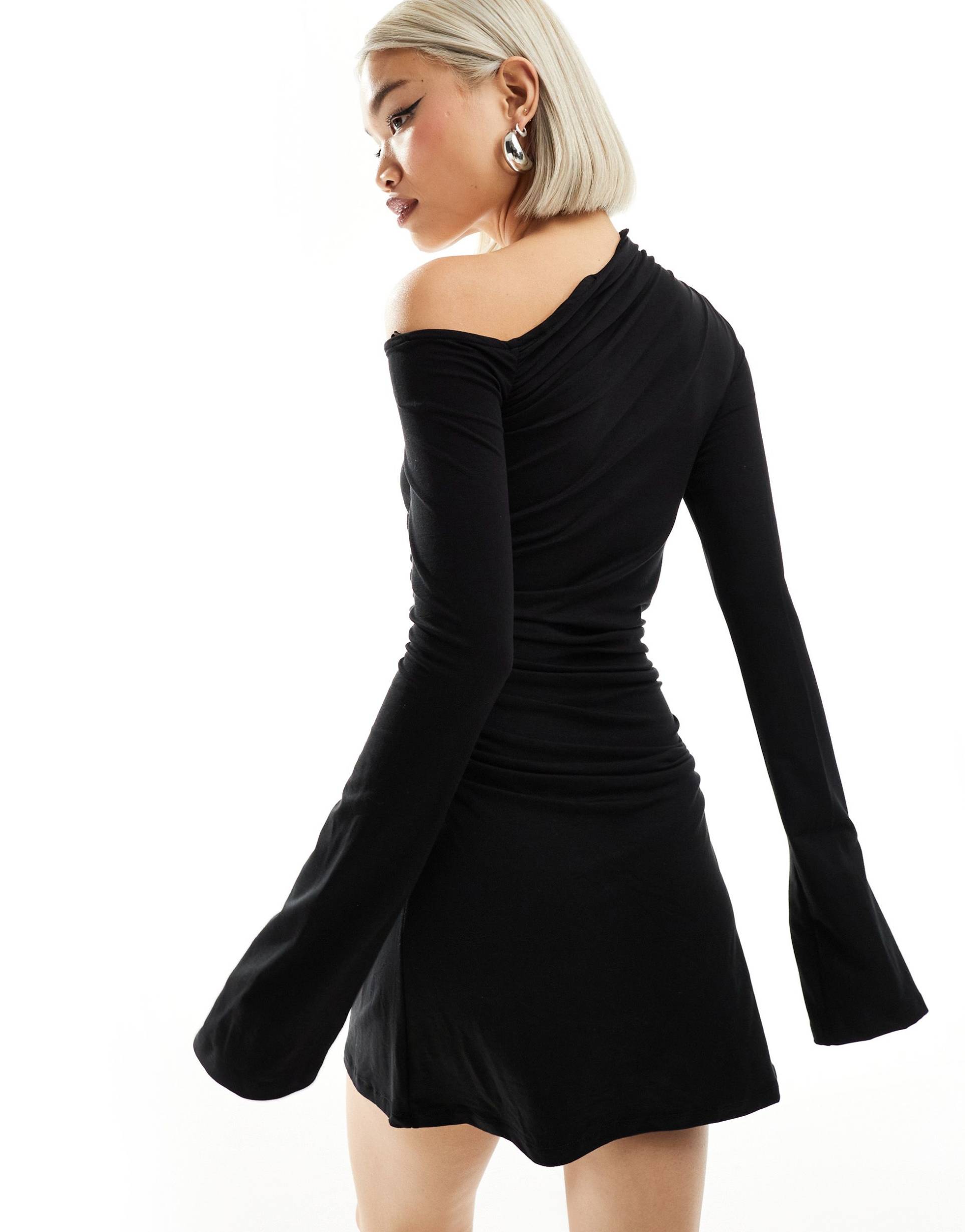 weekday erin long sleeve asymmetric shoulder mini dress with ruched sides in black