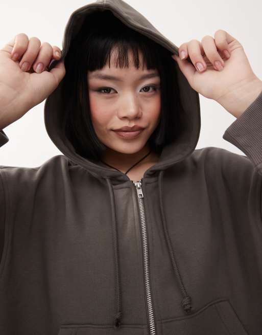 Weekday Essence boxy fit zip through hoodie in dark mole | ASOS