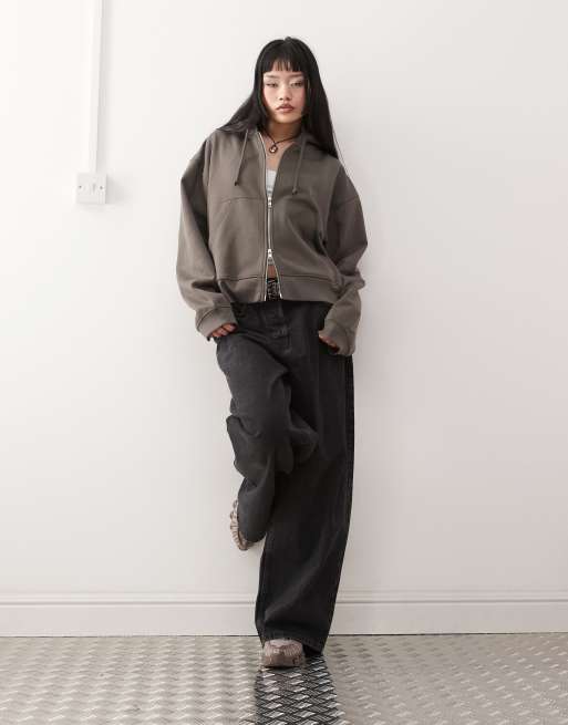 Weekday Essence boxy fit zip through hoodie in dark mole | ASOS