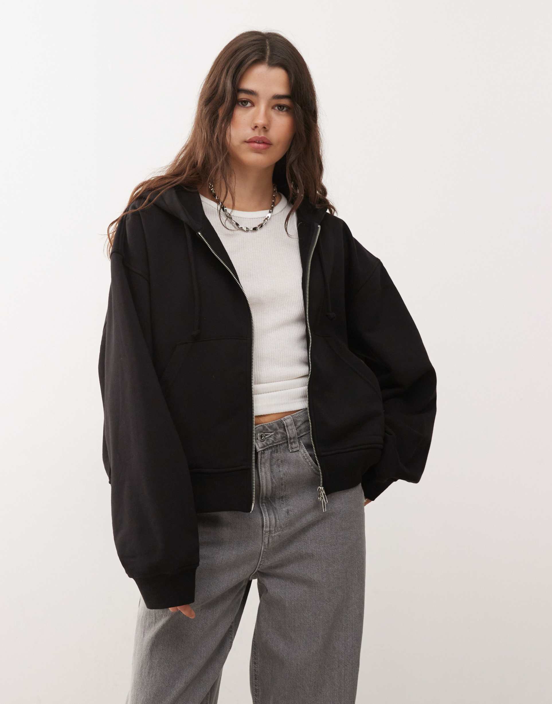 weekday essence boxy zip thru hoodie in black