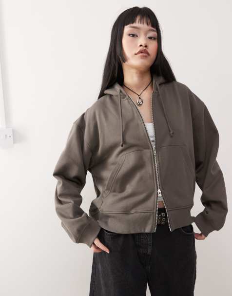 Weekday - Essence - Felpa con cappuccio squadrata color talpa scuro con zip - view 1