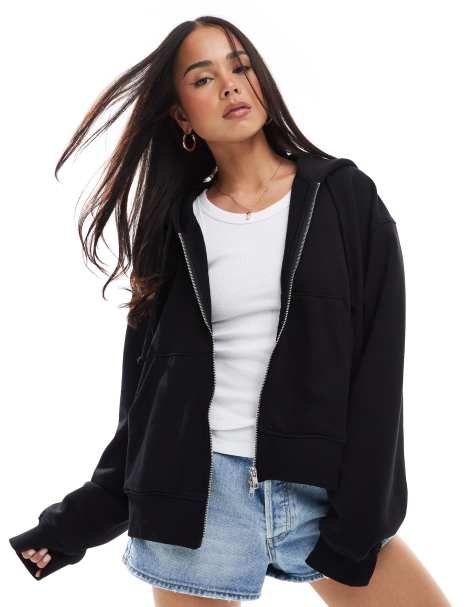 Weekday - Essence - Felpa squadrata nera con cappuccio e zip - view 1