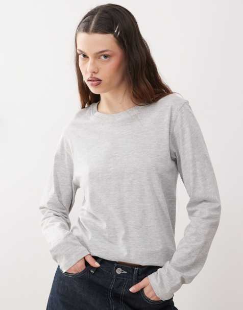 Weekday – Essence – Langärmliges T-Shirt in Grau meliert - view 1