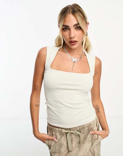 Weekday Esti square neck tank top in off-white