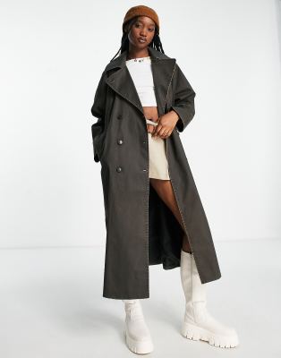 Weekday Ezra Coated acid wash trench coat in brown