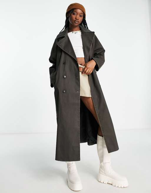 Weekday Ezra coated acid wash trench coat in brown