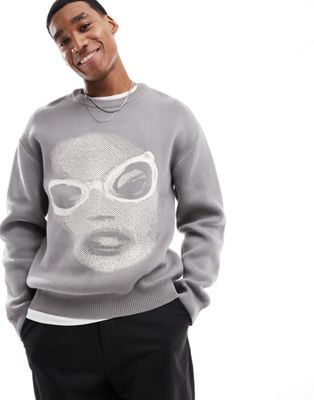 Weekday Fabian jumper with face graphic  in grey