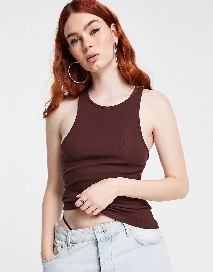 Weekday Fable organic cotton racer tank with cut out detail in brown