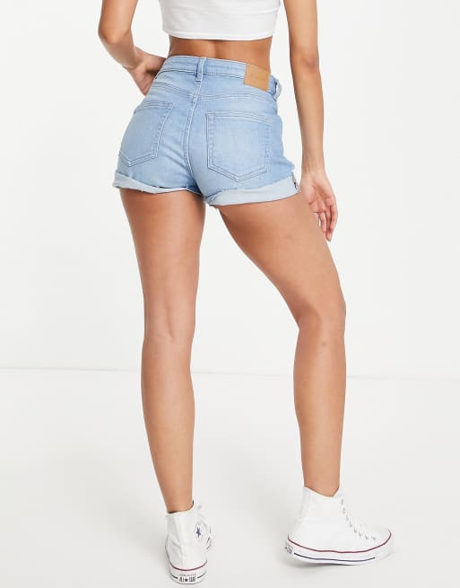 Weekday Fire low rise denim shorts in spring blue