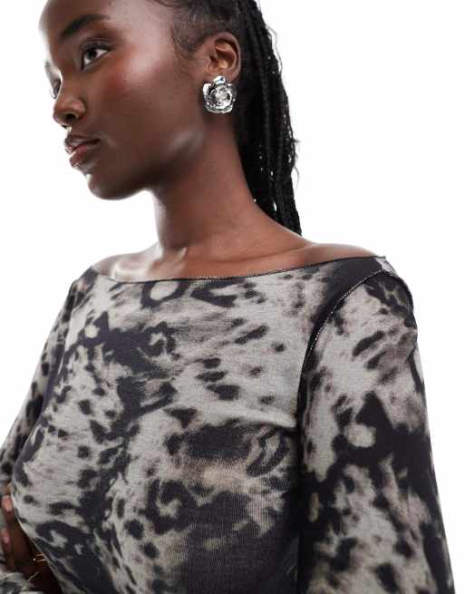 Weekday Fair long sleeve boat neck top with reversed seams in animal print, 2 of 4