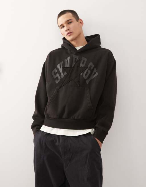 Weekday - Falmet sort oversized hættetrøje med applikationsgrafik i løstsiddende pasform