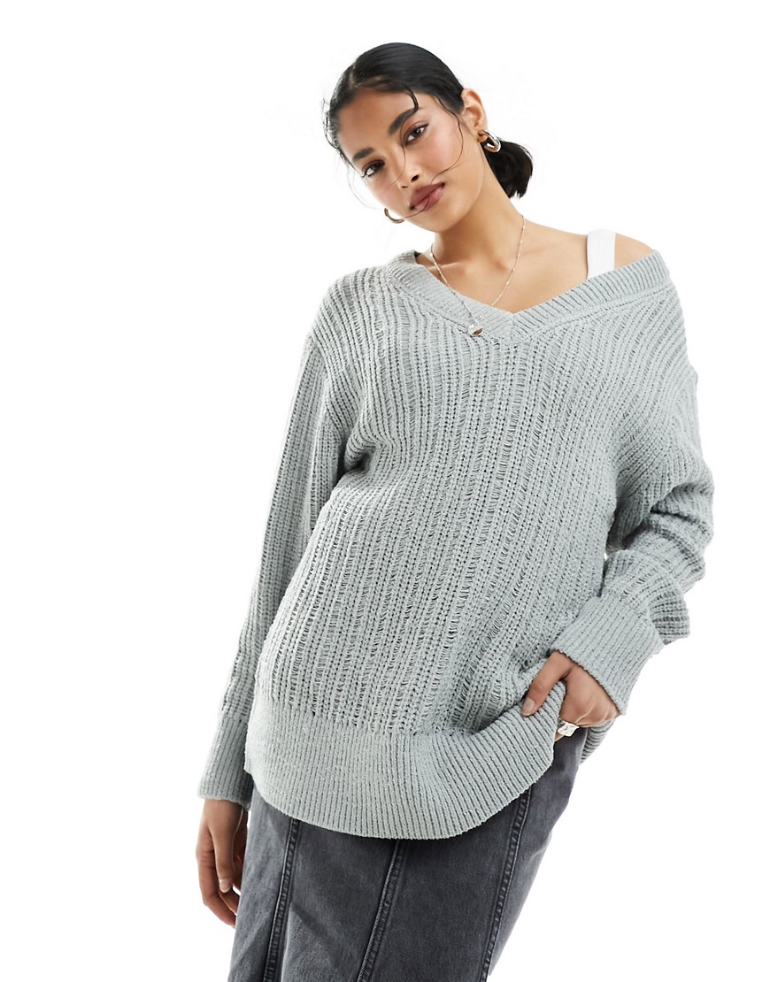 Weekday Farila oversized v neck ladder knit jumper in light grey