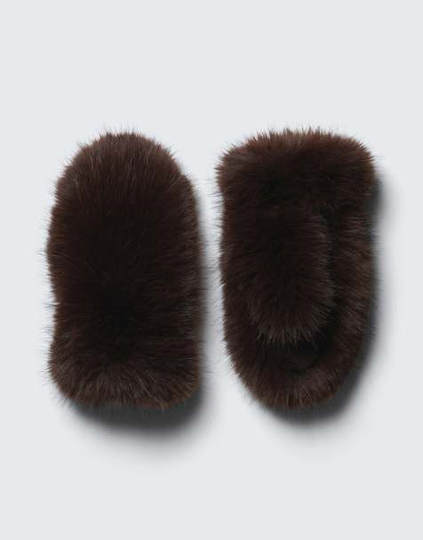 Weekday faux fur mittens in dark brown - view 1