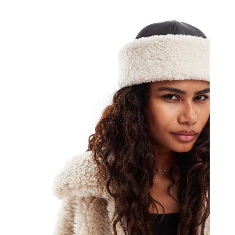 Weekday faux leather hat with borg trim in black ASOS