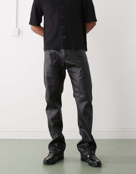 Weekday faux leather straight leg trousers with zips in black - view 1