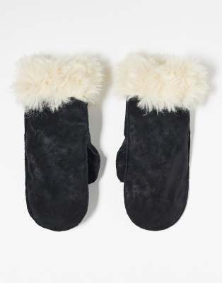 Weekday Weekday faux shearling mittens in black suede with white fur