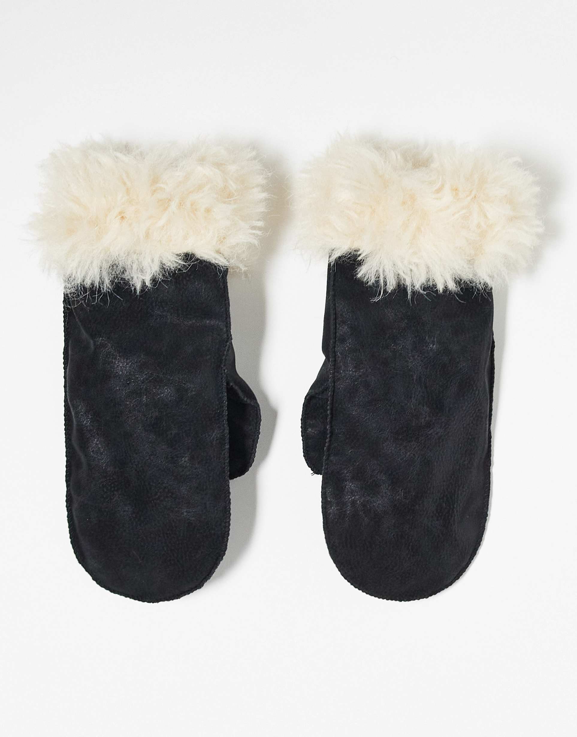 weekday faux shearling mittens in black suede with white fur