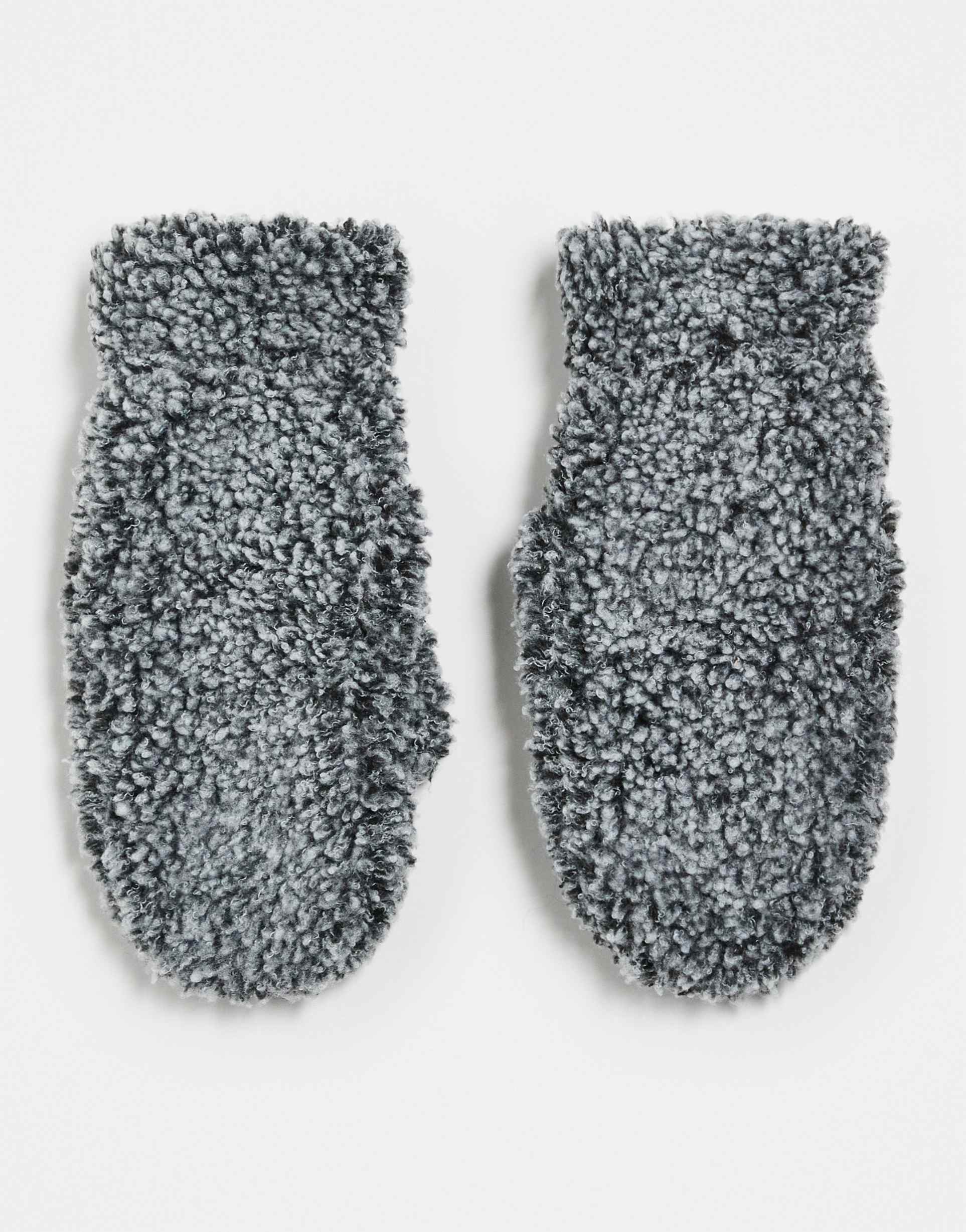 weekday faux shearling mittens in gray melange