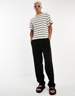 Weekday Felix textured T-shirt in beige and black stripe-Neutral