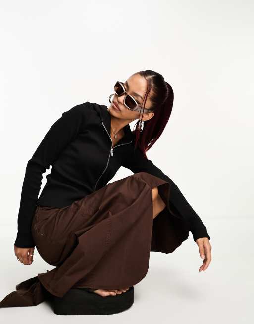 Weekday - Felpa con cappuccio aderente nera con zip, 3 di 4