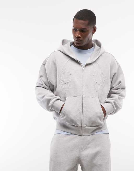 Weekday - Felpa con cappuccio e zip squadrata grigio mélange con dettagli ricamati in coordinato