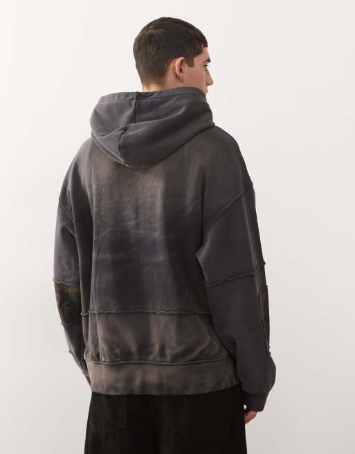 Weekday - Felpa con cappuccio nero slavato con zip e stampa mimetica, 3 di 5