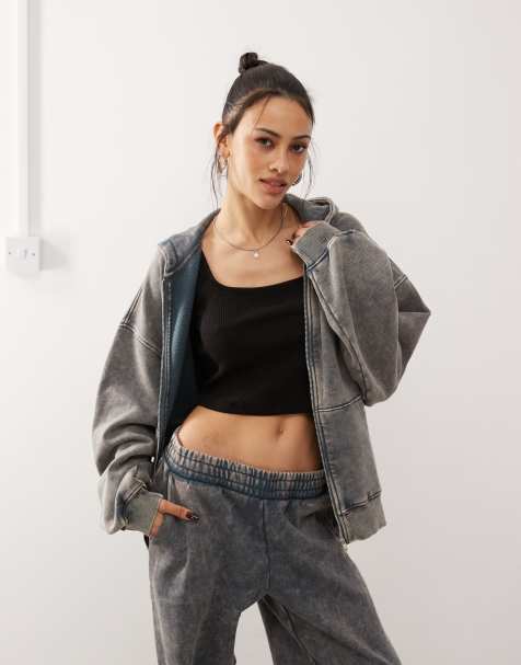 Weekday - Felpa con cappuccio oversize blu lavaggio acido con zip in coordinato - view 1