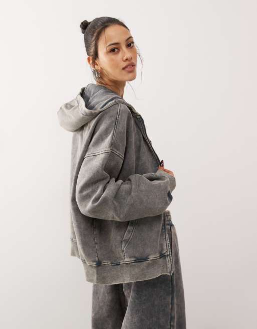 Weekday - Felpa con cappuccio oversize blu lavaggio acido con zip in coordinato, 4 di 4
