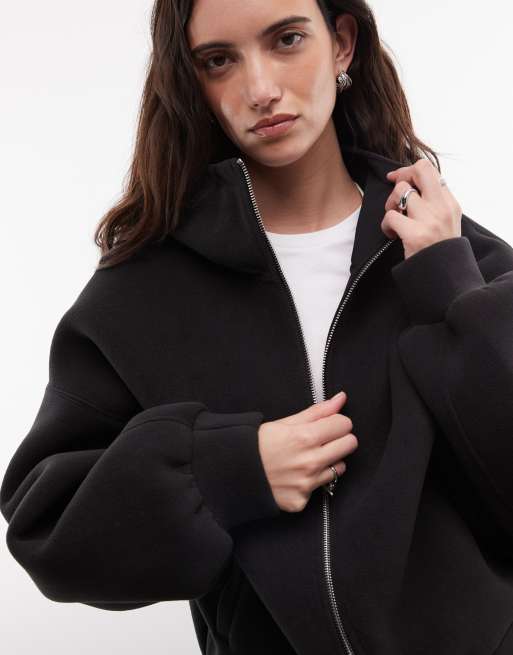 Weekday felpa con cappuccio oversize con collo a imbuto e zip in pile accoppiato nera, 4 di 4