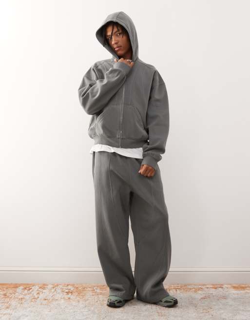Weekday - Felpa con cappuccio oversize grigio scuro con zip e cuciture a vista in coordinato, 2 di 4