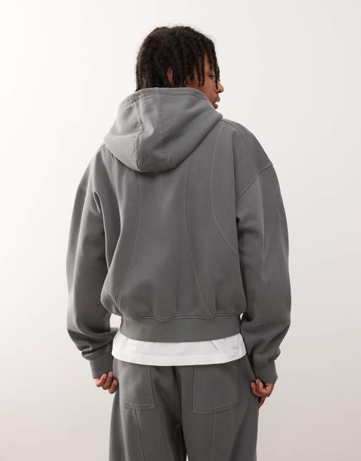 Weekday - Felpa con cappuccio oversize grigio scuro con zip e cuciture a vista in coordinato, 4 di 4