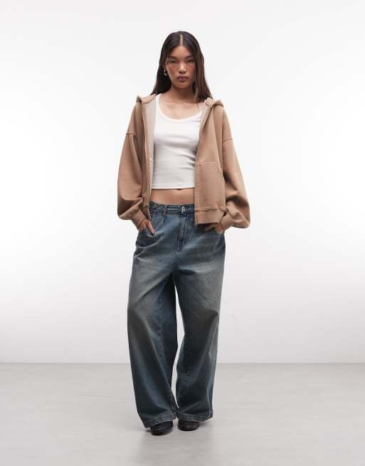 Weekday felpa con cappuccio oversize in jersey pesante con zip, beige slavato, 3 di 4