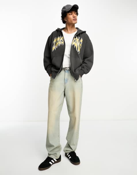 Weekday - Felpa con cappuccio oversize nero slavato con grafica ricamata e zip - view 1
