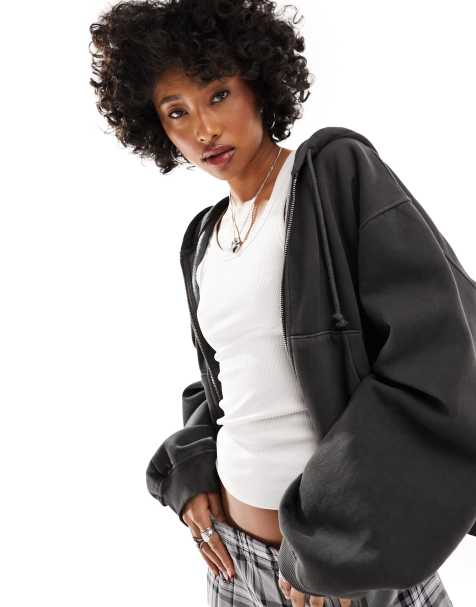 Weekday - Felpa con cappuccio pesante squadrata in jersey grigio scuro con chiusura con zip - view 1