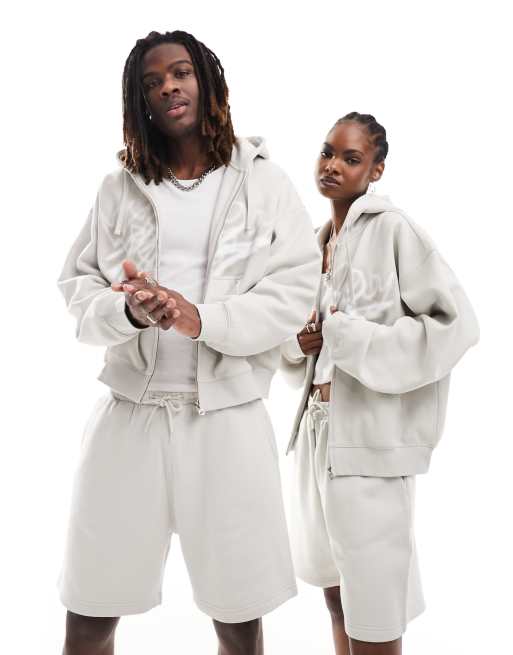 Weekday - Felpa con cappuccio squadrata unisex beige con zip e grafica stampata - In esclusiva per ASOS