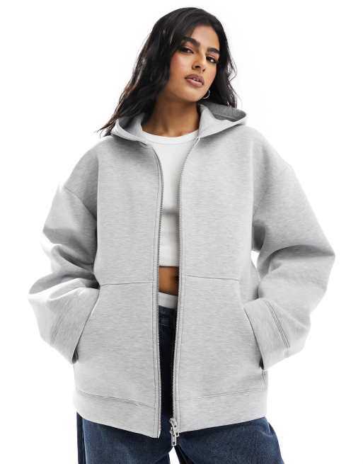 Weekday - Felpa con cappuccio voluminosa in tessuto scuba grigio mélange con zip