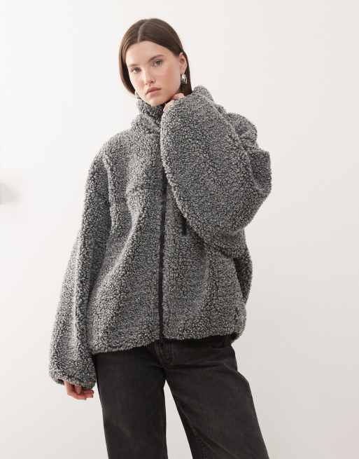 Weekday - Felpa in pile borg grigio scuro oversize con zip e cappuccio, 2 di 4