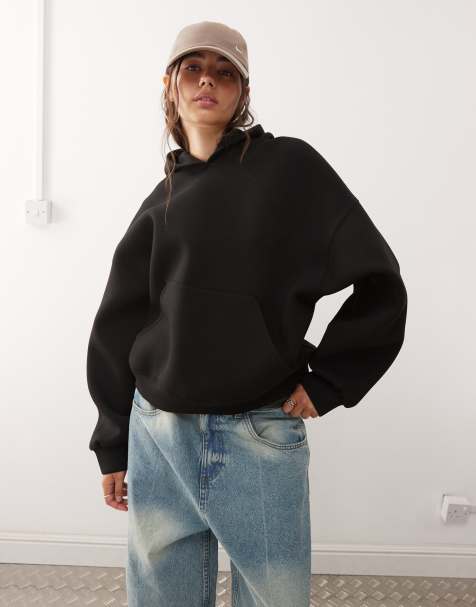 Weekday - Felpa oversize in tessuto effetto scuba nera con cappuccio - view 1