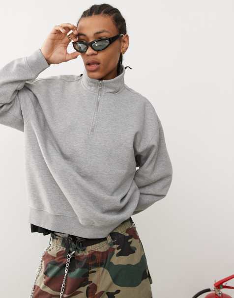 Weekday - Felpa oversize pesante in jersey grigia con zip corta - view 1