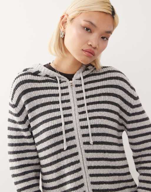 Weekday - Felpa slim con cappuccio in maglia grigia a righe nere, 2 di 4