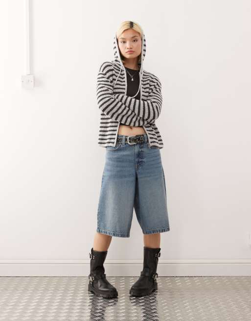 Weekday - Felpa slim con cappuccio in maglia grigia a righe nere, 3 di 4